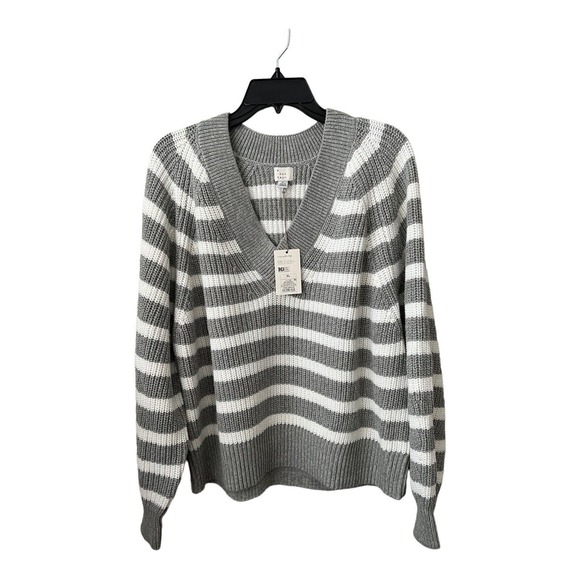 a new day Sweaters - A New Day Sweater Womens XL Grey Striped Pullover Slouchy Boho Cozy‎ Chunky Knit